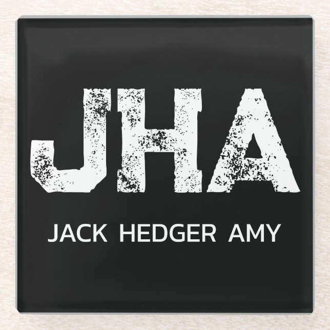 MINIMALIST WHITE THREE LETTER MONOGRAM NAME BLACK GLASS COASTER (Front)