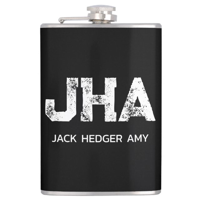 MINIMALIST WHITE THREE LETTER MONOGRAM NAME BLACK HIP FLASK (Front)