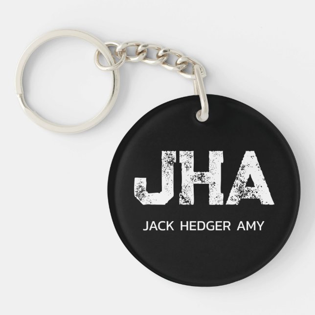 MINIMALIST WHITE THREE LETTER MONOGRAM NAME BLACK KEY RING (Front)