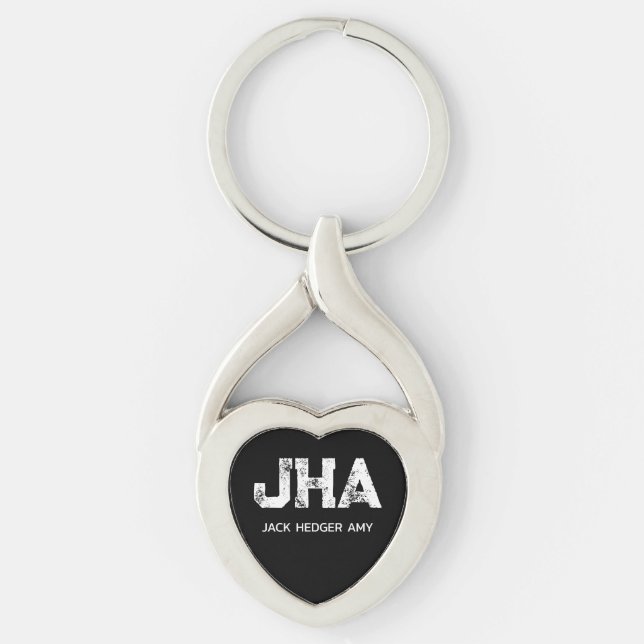 MINIMALIST WHITE THREE LETTER MONOGRAM NAME BLACK KEY RING (Front)
