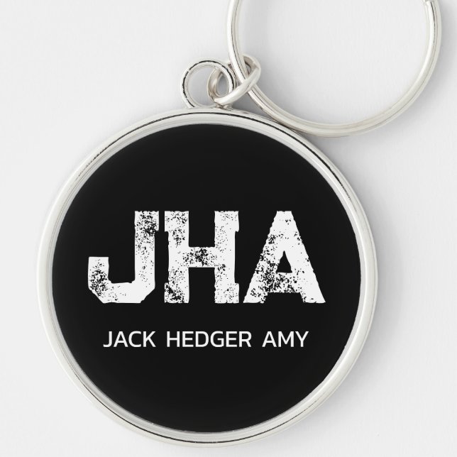 MINIMALIST WHITE THREE LETTER MONOGRAM NAME BLACK  KEY RING (Front)