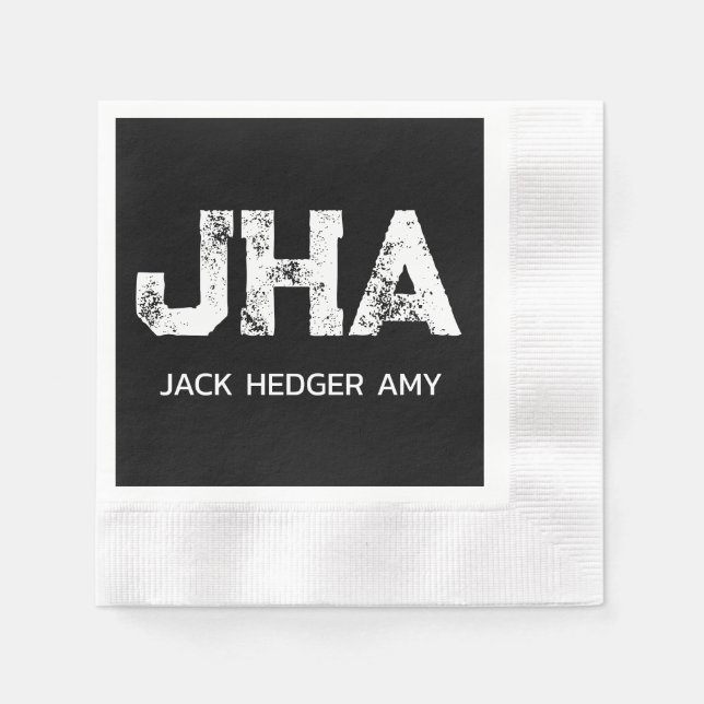 MINIMALIST WHITE THREE LETTER MONOGRAM NAME BLACK NAPKIN (Front)