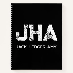 MINIMALIST WHITE THREE LETTER MONOGRAM NAME BLACK NOTEBOOK