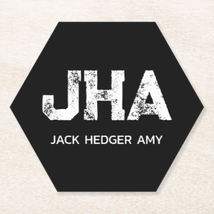 MINIMALIST WHITE THREE LETTER MONOGRAM NAME BLACK PAPER COASTER