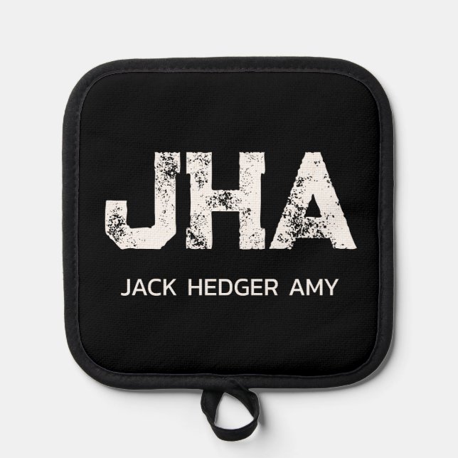 MINIMALIST WHITE THREE LETTER MONOGRAM NAME BLACK POT HOLDER (Front)