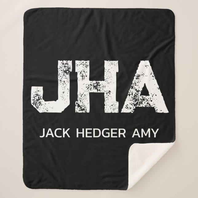 MINIMALIST WHITE THREE LETTER MONOGRAM NAME BLACK  SHERPA BLANKET (Front)