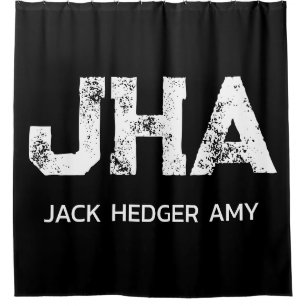 MINIMALIST WHITE THREE LETTER MONOGRAM NAME BLACK  SHOWER CURTAIN
