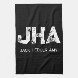 MINIMALIST WHITE THREE LETTER MONOGRAM NAME BLACK  TEA TOWEL