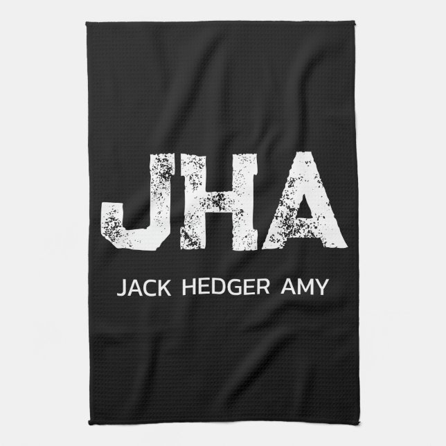 MINIMALIST WHITE THREE LETTER MONOGRAM NAME BLACK  TEA TOWEL (Vertical)
