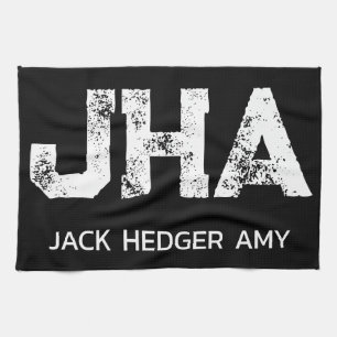 MINIMALIST WHITE THREE LETTER MONOGRAM NAME BLACK  TEA TOWEL
