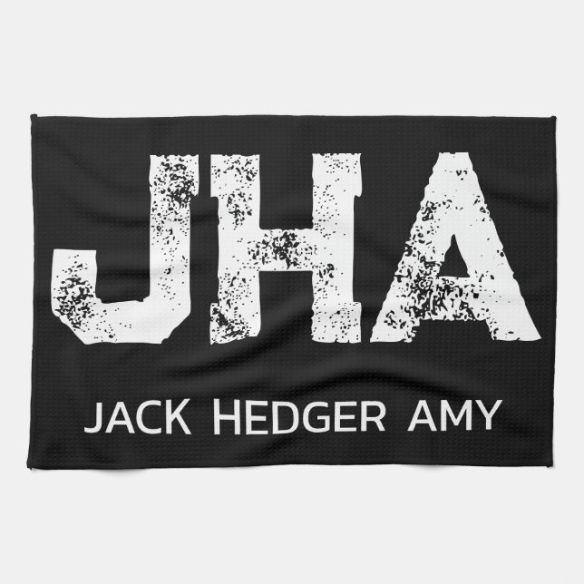 MINIMALIST WHITE THREE LETTER MONOGRAM NAME BLACK  TEA TOWEL (Horizontal)