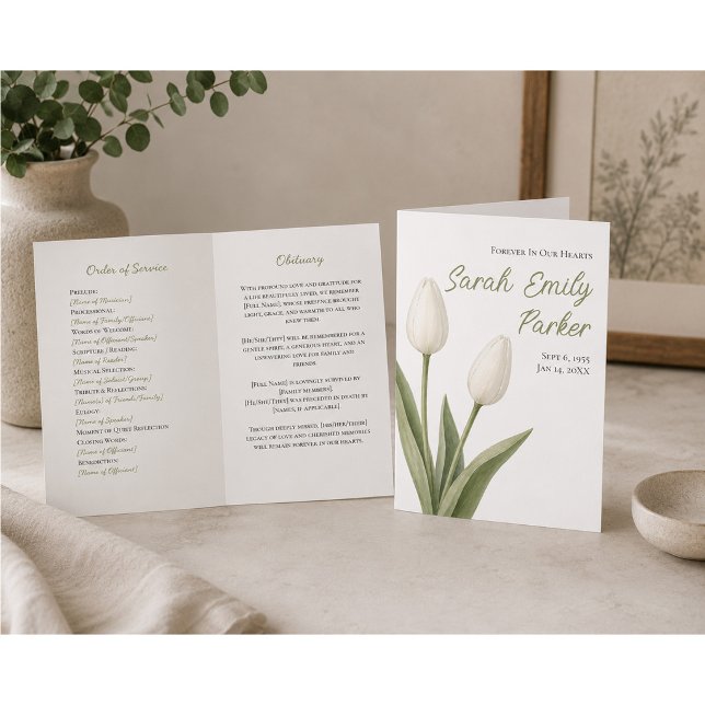 Minimalist White Tulips Funeral Program 4-Page (Creator Uploaded)