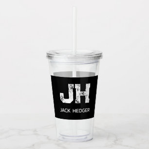 MINIMALIST WHITE TWO LETTER MONOGRAM NAME BLACK ACRYLIC TUMBLER