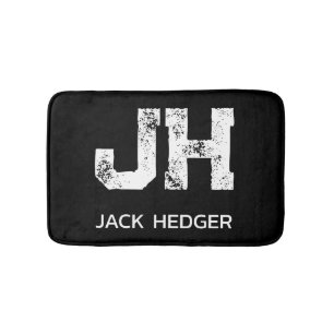 MINIMALIST WHITE TWO LETTER MONOGRAM NAME BLACK  BATH MAT