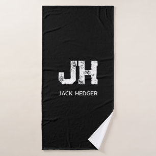 MINIMALIST WHITE TWO LETTER MONOGRAM NAME BLACK  BATH TOWEL