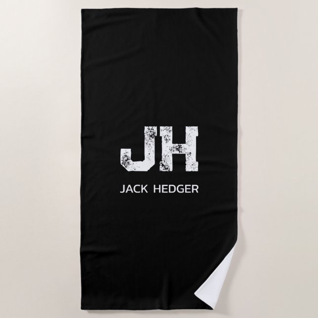 MINIMALIST WHITE TWO LETTER MONOGRAM NAME BLACK BEACH TOWEL (Front)