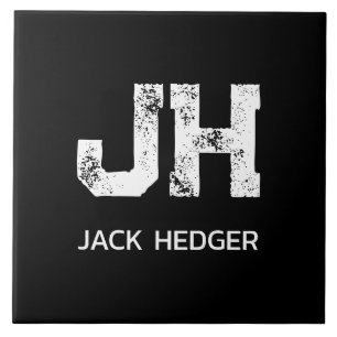 MINIMALIST WHITE TWO LETTER MONOGRAM NAME BLACK CERAMIC TILE