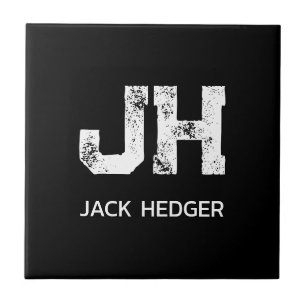 MINIMALIST WHITE TWO LETTER MONOGRAM NAME BLACK CERAMIC TILE