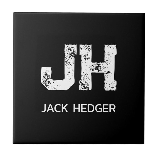 MINIMALIST WHITE TWO LETTER MONOGRAM NAME BLACK CERAMIC TILE (Front)