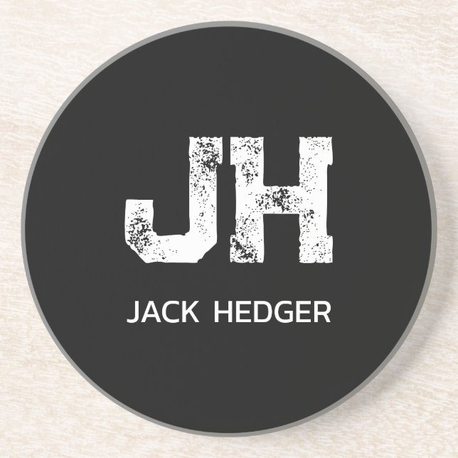 MINIMALIST WHITE TWO LETTER MONOGRAM NAME BLACK COASTER (Front)