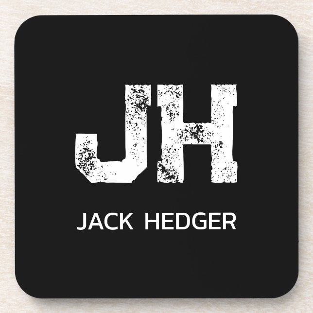 MINIMALIST WHITE TWO LETTER MONOGRAM NAME BLACK COASTER (Front)