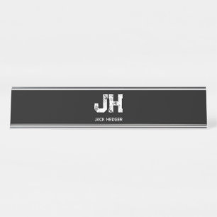 MINIMALIST WHITE TWO LETTER MONOGRAM NAME BLACK DESK NAME PLATE