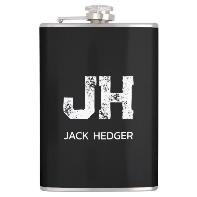 MINIMALIST WHITE TWO LETTER MONOGRAM NAME BLACK HIP FLASK (Front)