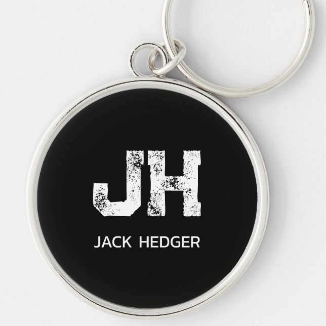 MINIMALIST WHITE TWO LETTER MONOGRAM NAME BLACK  KEY RING (Front)