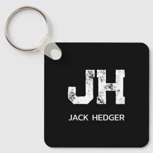 MINIMALIST WHITE TWO LETTER MONOGRAM NAME BLACK  KEY RING