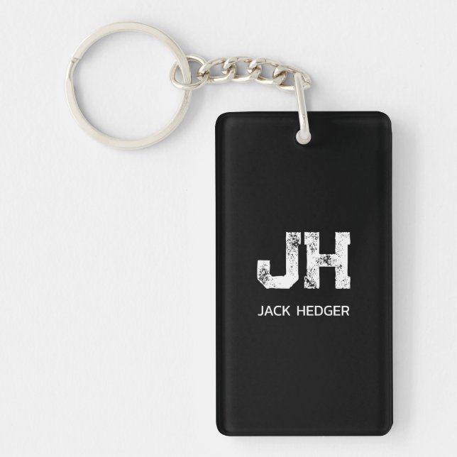 MINIMALIST WHITE TWO LETTER MONOGRAM NAME BLACK KEY RING (Front)