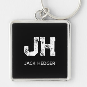 MINIMALIST WHITE TWO LETTER MONOGRAM NAME BLACK  KEY RING