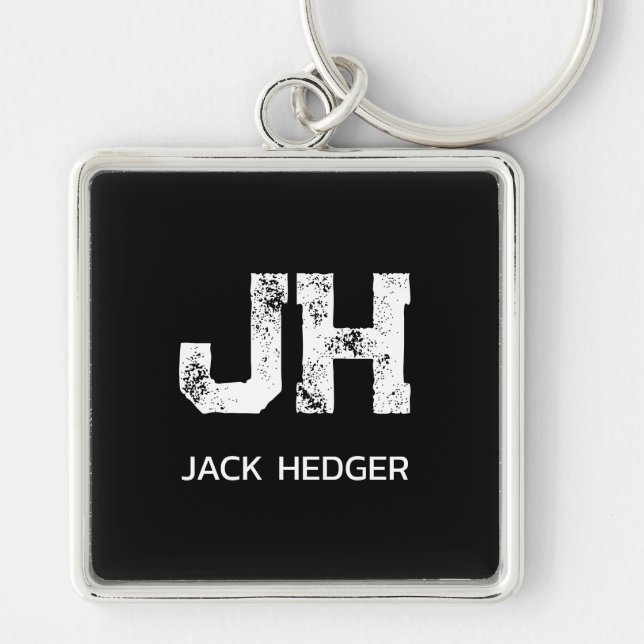 MINIMALIST WHITE TWO LETTER MONOGRAM NAME BLACK  KEY RING (Front)