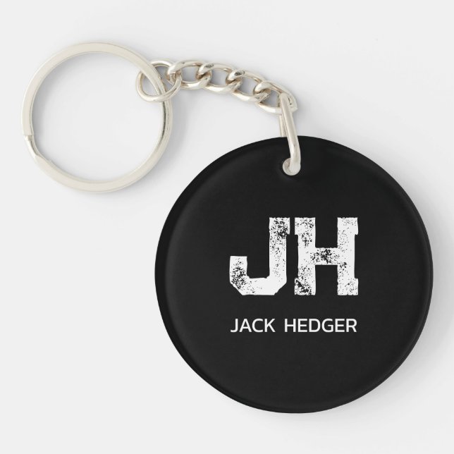 MINIMALIST WHITE TWO LETTER MONOGRAM NAME BLACK KEY RING (Front)