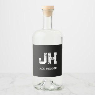 MINIMALIST WHITE TWO LETTER MONOGRAM NAME BLACK LIQUOR BOTTLE LABEL
