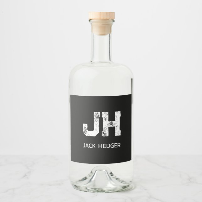 MINIMALIST WHITE TWO LETTER MONOGRAM NAME BLACK LIQUOR BOTTLE LABEL (Front)