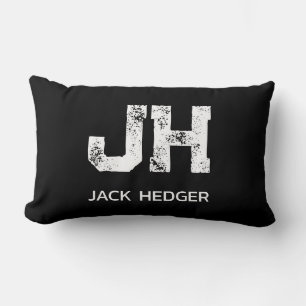 MINIMALIST WHITE TWO LETTER MONOGRAM NAME BLACK LUMBAR CUSHION