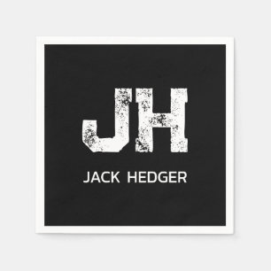 MINIMALIST WHITE TWO LETTER MONOGRAM NAME BLACK NAPKIN