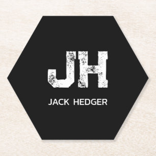 MINIMALIST WHITE TWO LETTER MONOGRAM NAME BLACK PAPER COASTER
