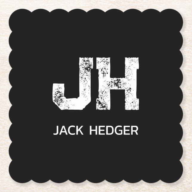 MINIMALIST WHITE TWO LETTER MONOGRAM NAME BLACK PAPER COASTER (Front)