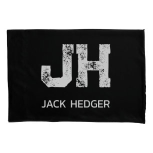 MINIMALIST WHITE TWO LETTER MONOGRAM NAME BLACK  PILLOWCASE