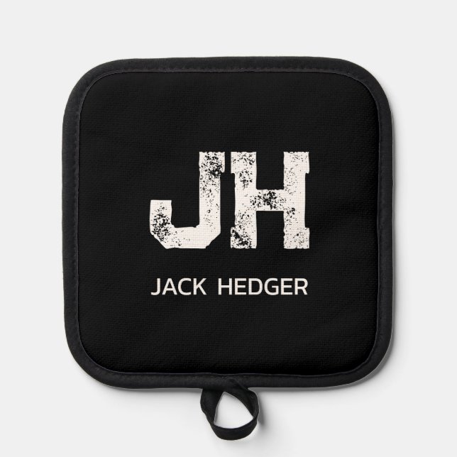 MINIMALIST WHITE TWO LETTER MONOGRAM NAME BLACK POT HOLDER (Front)