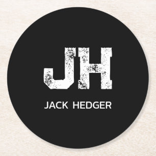 MINIMALIST WHITE TWO LETTER MONOGRAM NAME BLACK ROUND PAPER COASTER