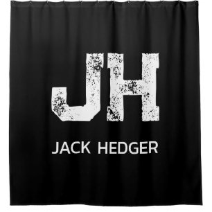 MINIMALIST WHITE TWO LETTER MONOGRAM NAME BLACK SHOWER CURTAIN