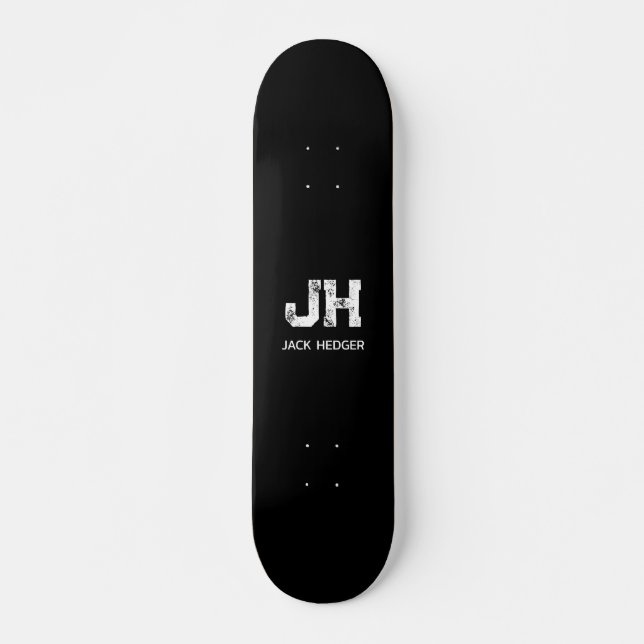 MINIMALIST WHITE TWO LETTER MONOGRAM NAME BLACK  SKATEBOARD (Front)