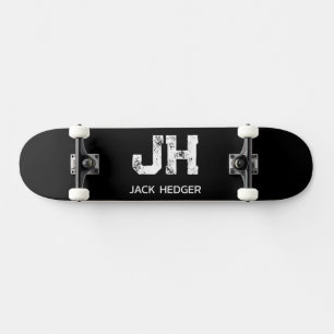 MINIMALIST WHITE TWO LETTER MONOGRAM NAME BLACK SKATEBOARD
