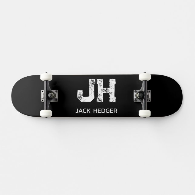 MINIMALIST WHITE TWO LETTER MONOGRAM NAME BLACK  SKATEBOARD (Horz)