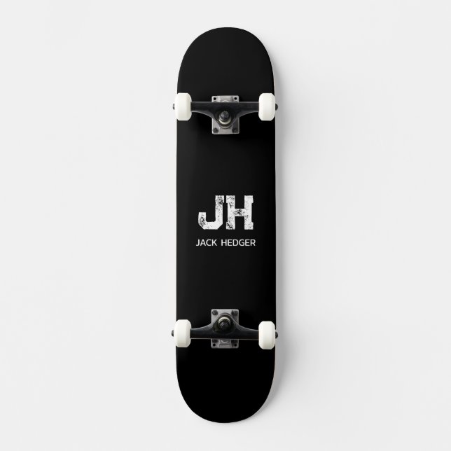 MINIMALIST WHITE TWO LETTER MONOGRAM NAME BLACK  SKATEBOARD (Front)