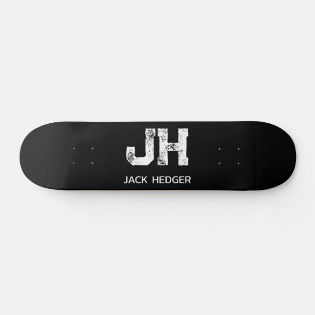 MINIMALIST WHITE TWO LETTER MONOGRAM NAME BLACK  SKATEBOARD (Horz)
