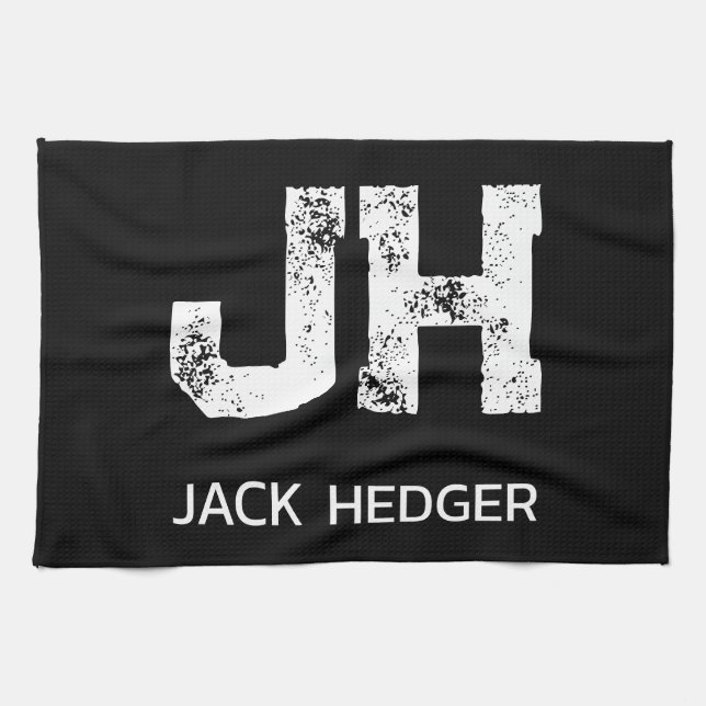 MINIMALIST WHITE TWO LETTER MONOGRAM NAME BLACK  TEA TOWEL (Horizontal)