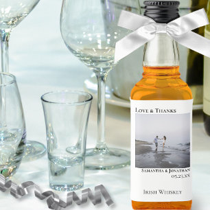 Minimalist White Wedding Photo Love & Thanks Mini Liquor Bottle Label